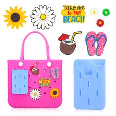 a pink and blue bag with flip flops on it next to some items that include sunflowers