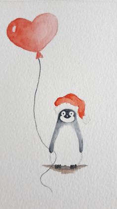 a penguin wearing a santa hat and holding a red balloon with a heart shaped balloon attached to it