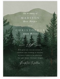 a wedding card with the mountains in the background and pine trees on it, which is also