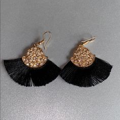 Nwt Black And Gold Fringe Earrings With Crystals Black Tassel Earrings With Ear Wire As A Gift, Earrings With Crystals, Gold Fringe, Fringe Earrings, Black And Gold, Jewelry Earrings, Women Jewelry, My Style, Crystals