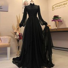 Black Long Sleeve Musilm Evening Dresses A-Line High Long Black Dress Outfit, Fancy Dresses Long, Black Dress Outfits, Long Sleeve Gown, فستان سهرة, Fairytale Dress, Black Wedding Dresses, Gowns With Sleeves, Long Black Dress