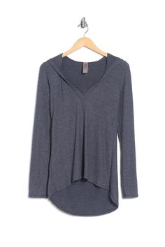 Perfect your casual style with a top cut from comfy knit fabric. Gray Hooded Tops For Layering, Casual V-neck Hoodie For Fall, Athleisure V-neck Tops For Fall, Fall V-neck Athleisure Tops, Fall V-neck Hoodie, V-neck Long Sleeve Top For Winter Loungewear, Casual Long Sleeve V-neck Top For Loungewear, Casual V-neck Top For Fall Loungewear, Casual Long Sleeve Stretch V-neck Top