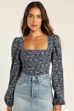 Blue Floral Print Top - Corduroy Top - Balloon Sleeve Crop Top - Lulus Postpartum Wardrobe, Corduroy Top, Feminine Outfits, Blue Striped Top, Fall Fit, Lulu Fashion, Cold Shoulder Long Sleeve, Ribbed Knit Top, Church Outfits