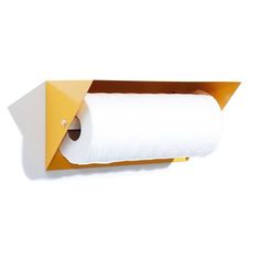 a roll of toilet paper sitting in a yellow box on top of a white wall