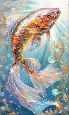 a painting of a goldfish with bubbles in it's mouth and water around it