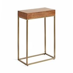 an end table with a wooden top and metal frame, against a white background or backdrop