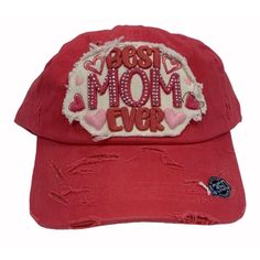 What A Perfect Gift For The Person That Is The Center Of The Family With With Our Extremely Comfortable Best Mom Ever Embroidered Distressed Style Cap Hat. The Classic Six-Panel Design Provides The Comfortable Fit You Love, While The Low Profile Cap Lends The Perfect Shading For Those Hot Summer Days, One Size Fits Most Embroidered Artwork 100% Cotton Unstructured Hat Hook And Loop Closure To See Our Patriotic, Old Bay, Puppie Love, Auto, Motorcycle & Maryland Themed Clothing, Accessories And Gi Casual Curved Brim Baseball Cap For Mother's Day, Trendy Red Cotton Baseball Cap, Trendy Red Dad Hat One Size Fits Most, Trendy Red Dad Hat One Size, Red Cotton Trucker Hat With Visor, Trendy Red Adjustable Dad Hat, Trendy Red Dad Hat, Red Cotton Dad Hat, One Size Fits Most, Red Cotton Dad Hat One Size