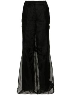 black silk/wool layered design belt loops concealed front fastening wide leg two side inset pockets two rear jetted pockets straight hem long length High-waisted Silk Wide Leg Pants For Evening, Silk High-waisted Wide Leg Evening Pants, Silk High-waisted Wide Leg Pants For Evening, Silk Wide-leg Pants For Evening, Silk Wide Leg Pants For Formal Occasions, Formal Silk Wide Leg Pants, Silk Straight Pants For Evening, Silk High-waisted Pants For Evening, Silk Straight Dress Pants For Evening