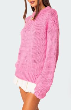 Indulge in the soft and thick yarn of this vibrant sweater that'll have you covered for the cooler seasons. Crewneck Long sleeves 100% acrylic Machine wash, dry flat Imported Cute Pink Sweater, Nyc Fits, Chunky Oversized Sweater, Pink Sweaters, Jack And Jill, Thick Yarn, Chunky Sweater, Christmas Wishlist, Comfy Fits