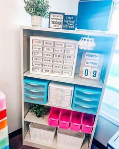 a book shelf filled with plastic bins next to a potted plant