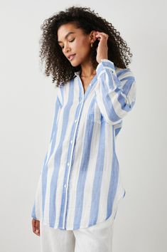 Oversized lightweight blue striped shirt from Rails Blue Shirt With Horizontal Stripes For Summer, Blue Blouse With Striped Collar In Relaxed Fit, Blue Blouse With Striped Collar And Relaxed Fit, Summer Blue Blouse With Striped Collar, Relaxed Striped Tops For Spring, Summer Blue Stripe Blouse, Summer Blue Striped Blouse, Blue Vertical Stripes Summer Blouse, Oversized Summer Shirt With Striped Collar