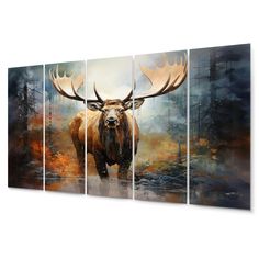 a painting of an elk with large antlers on it's face and two other animals in the background