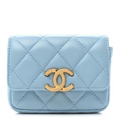 This is an authentic CHANEL Lambskin Lacquered Metal Quilted Flap Chain Belt Bag in Light Blue. This stylish belt bag is finely crafted of diamond-quilted lambskin leather in light blue. The bag features a leather-threaded aged gold and blue metal chain belt strap and an aged gold CC logo on the flap. This opens to a compact fabric interior. 1343743 Elegant Blue Quilted Shoulder Bag, Elegant Blue Quilted Bag, Luxury Blue Quilted Bag, Luxury Formal Belt Bag With Removable Belt, Luxury Formal Shoulder Bag With Removable Belt, Luxury Evening Belt Bag, Luxury Belt Bag With Gold-tone Hardware For Formal Occasions, Luxury Formal Belt Bag With Gold-tone Hardware, Metal Chain Belt