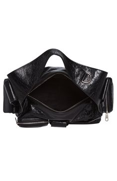 A spacious interior compartment and an assortment of exterior pockets and card slots make this crinkled-leather sling bag a utilitarian essential. Two-way top-zip closure Shoulder strap Four exterior zip pockets; one magnetic-snap flap pocket; ear pod case, three card slots Cotton-canvas lining Leather Made in Italy Luxury Leather Bags With Multiple Pockets, Black Leather Bag With Multiple Pockets, Modern Leather Bag With Multiple Pockets, Leather Crossbody Bag With Multiple Pockets, Functional Leather Shoulder Bag With Multiple Pockets, Small Sling Bag, Sling Bag Black, Balenciaga Men, Balenciaga Logo