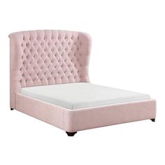 a pink bed with buttons on the headboard and foot board, in front of a white background