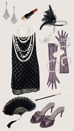 an assortment of women's clothing and accessories including gloves, shoes, necklaces, bracelets, hair clips