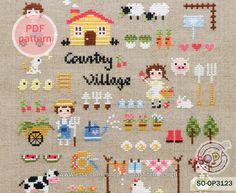 a cross stitch pattern with the words country village on it