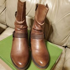 Almost Color Soft Leather Riding Boot With Cushion Insole For Comfort. Brown Ankle-high Moto Boots Medium Width, Brown Boots With Leather Footbed And Medium Width, Brown Medium Width High-top Boots, Brown Ankle-high Moto Boots With Leather Lining, Brown Ankle-high Moto Boots With Leather Footbed, Brown Moto Boots With Almond Toe, Brown Closed Toe Walking Boots, Brown Closed Toe Boots For Walking, Brown Leather Moto Boots For Walking