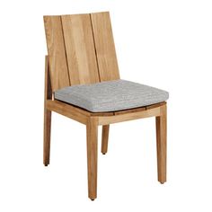 a wooden chair with a seat cushion on the back and side, against a white background