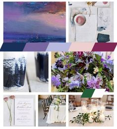 a collage of photos with flowers, candles and other things in them that are purple