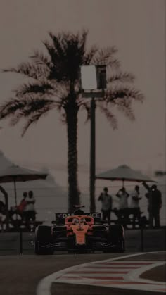 a red race car driving down a street with palm trees in the backgroud