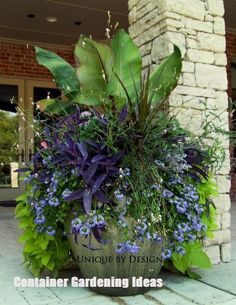 a planter filled with lots of purple flowers and greenery next to a brick building