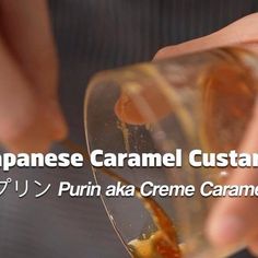 a person pouring orange juice into a glass with the words japanese caramel custard on it