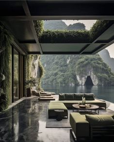 a living room filled with lots of furniture next to a large window covered in greenery