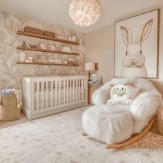 a baby's room with a rocking chair, crib and wallpapered walls