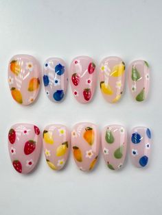 ☆ Fruit Themed Nails ☆ Strawberries, blueberries, mangoes, pears, and lemons (or any fruit of your choosing)!  ------- ☆ Why Angelis Nail Studio?: ANS press-ons are made with high quality gels and supplies. I have over 3.5 years of experience with gel nail art and truly put my best effort into each and every set! <3 All sets are made with Apres Gel-X soft gel nail tips, meaning you'll be receiving some of the most durable and flexible nails available. In other words, you'll have salon-quality, r Strawberry Colored Nails, Pastel Fruit Nails, Cute Fruit Nail Designs, Lemon Themed Nails, Breakfast Nail Art, Fruit Nails Simple, Quirky Nail Designs, Fruit Themed Nails, Short Fruit Nails