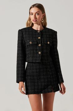 Covina Tweed Cropped Jacket – ASTR The Label Chic Button-up Tweed Jacket With Pockets, Chic Winter Tweed Jacket With Welt Pockets, Chic Tweed Jacket With Welt Pockets For Winter, Winter Tweed Blazer With Buttoned Pockets, Classic Tweed Jacket With Buttoned Pockets, Tweed Dress With Button Closure For Fall, Long Sleeve Tweed Dress With Button Closure, Single-breasted Tweed Button-up Jacket, Tweed Outerwear With Buttoned Pockets For Fall