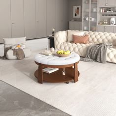 a living room filled with furniture and white carpeted flooring on top of a hard wood floor