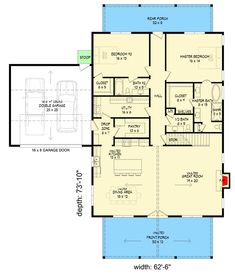 the first floor plan for a house with two levels and an attached garage area, which is