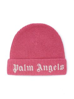 a pink beanie hat with the word'vann angels'written on it