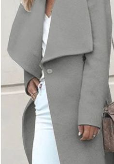 Fold-over Collar Belt Plain Long Sleeve Coats Gray Outerwear For Spring, Gray Solid Color Outerwear For Spring, Gray Long Sleeve Outerwear, Gray Collared Outerwear For Spring, Chic Gray Solid Color Outerwear, Casual Solid Color Outerwear For Office, Chic Gray Outerwear For Fall, Chic Gray Single-breasted Outerwear, Gray Fall Pea Coat For Office