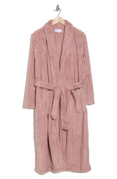 Envelop yourself in the luxurious softness of this textural ribbed robe constructed from plush, high-pile fleece and finished with handy patch pockets. Shawl collar Long sleeves Front patch pockets Removable tie belt 100% polyester Machine wash, tumble dry Imported Plush Robes For Women, Cute Robes, Fuzzy Robe, Plush Robe, Robes For Women, Fleece Robe, Shawl Collar, Pink Brown, Tie Belt