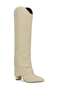 A slouchy, foldover shaft amplifies the modern allure of a knee-high boot balanced by a pointy toe and wrapped block heel. 3" heel 17" shaft; 14" calf circumference Synthetic upper/textile and synthetic lining/synthetic sole Imported Chic Cream Knee-high Boots, Chic Cream Fitted Knee-high Boots, Chic Fitted Cream Knee-high Boots, Chic Cream Knee-high Boots With Pointed Toe, Chic Cream Pointed Toe Knee-high Boots, Chic Beige Knee-high Workwear Boots, Chic Beige Knee-high Boots For Work, Chic Beige Wide Calf Knee-high Boots, Elegant Beige Knee-high Boots For Work