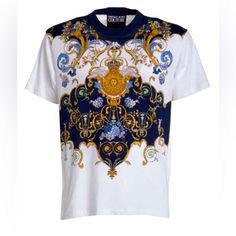 This Versace T-Shirt Is Brand New But Due To Storage It Now Has Some Minor Stains, These Defects Can Be Seen On My Pictures So Please Look Closely At All Of My Photos. Retail: $225.00 Fits True To Size, Order Your Normal Size Designed For A Regular Fit Ribbed Crewneck Short Sleeves Ornate Tuileries Print 100% Cotton Machine Wash Made In Italy Exclusive Print Short Sleeve Graphic Tee, Cotton Tops With Exclusive Print Short Sleeve, Cotton Tops With Exclusive Print And Short Sleeves, Designer Crew Neck T-shirt For Summer, Graphic Tee With Exclusive Print And Crew Neck, Exclusive Print Crew Neck Graphic Tee, Designer Crew Neck Top With Graphic Print, Luxury White T-shirt With Logo Print, Luxury Logo Print Crew Neck Top