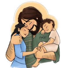 a drawing of jesus holding a baby and smiling at the camera with his arms around him