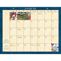 an image of a calendar with pictures on the front and back of it, in blue frame