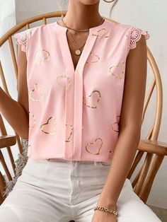 Gold Heart Printed Notch Neckline Blouse With Lace Detailing Pink Casual  Cap Sleeve Woven Fabric Graphic Top Non-Stretch  Women Clothing, size features are:Bust: ,Length: ,Sleeve Length: Rose Bonbon, Casual Cap, Graphic Top, Women Blouses, Gold Heart, Heart Print, Maternity Bag, Lace Detail, Long Sleeve Sweater