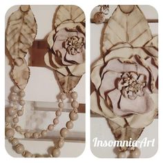 two pictures of necklaces with flowers and beads hanging from the side of each one