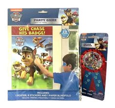 paw patrol party game give chase his badge includes 3 stickers and paper blindfold