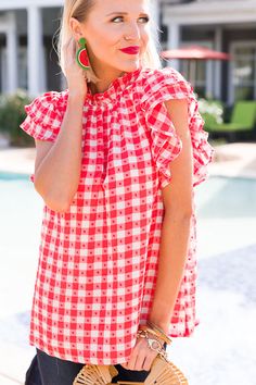 Picnic Check Blouse, Red :: NEW ARRIVALS :: The Blue Door Boutique Spring Ruffle Blouse For Picnic, Spring Ruffled Blouse For Picnic, Red Ruffle Sleeve Summer Tops, Spring Blouse With Ruffles For Picnic, Red Ruffle Sleeve Top For Summer, Red Ruffle Sleeve Blouse For Summer, Chic Short Sleeve Tops For Picnic, Short Sleeve Ruffled Tops For Picnic, Ruffled Short Sleeve Tops For Picnic