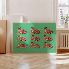 an image of a tiger pattern on a green background in front of a radiator