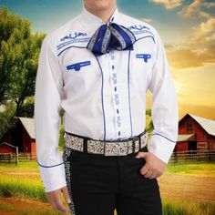 Camisa Charra para Hombre TM-WD0874 - Charro Shirt Charro Chambelanes, Charro Outfit For Men, Chambelanes Outfits, Charro Outfit, Embroidery For Men, Mexican Cowboy, Fine Embroidery, Cowboys Shirt, Western Shirt