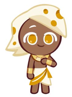 a cartoon character wearing a white and brown hat with gold dots on it's head