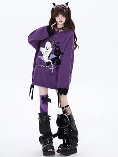 Embrace the Halloween spirit with our uniquely designed Colorblock Hooded Sweater. Featuring an adorable Little Ghost on the front, this sweater combines spooky fun with stylish flair. The colorblock design adds a contemporary touch, while the lace-up detail on the sides brings an additional layer of visual interest. For a playful twist, the cuffs are adorned with distressed holes, giving the sweater a trendy, worn-in look. Perfect for Halloween festivities.  Garment Size   	 		 			Size 			S Casual Purple Hoodie For Halloween, Emo Hoodie For Cosplay In Fall, Purple Long Sleeve Halloween Hoodie, Halloween Emo Style Long Sleeve Hoodie, Playful Crew Neck Hoodie For Fall, Spooky Long Sleeve Winter Hoodie, Trendy Long Sleeve Halloween Hoodie, Trendy Purple Hoodie For Fall, Trendy Purple Fall Hoodie