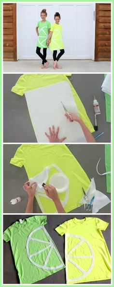 two children are making t - shirts out of tennis balls and neon green paper with scissors