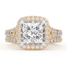 a princess cut diamond engagement ring with two rows of diamonds around the band and on top